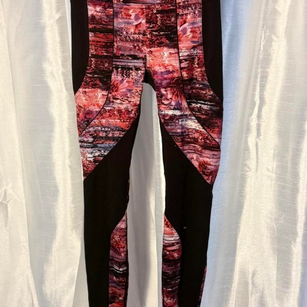 Lululemon Align Leggings with abstract red, black, and white marbled pattern